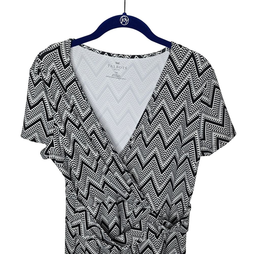Talbots Black White Zigzag Geometric Print Faux Wrap Dress Size Medium Petite - Picture 2 of 6
